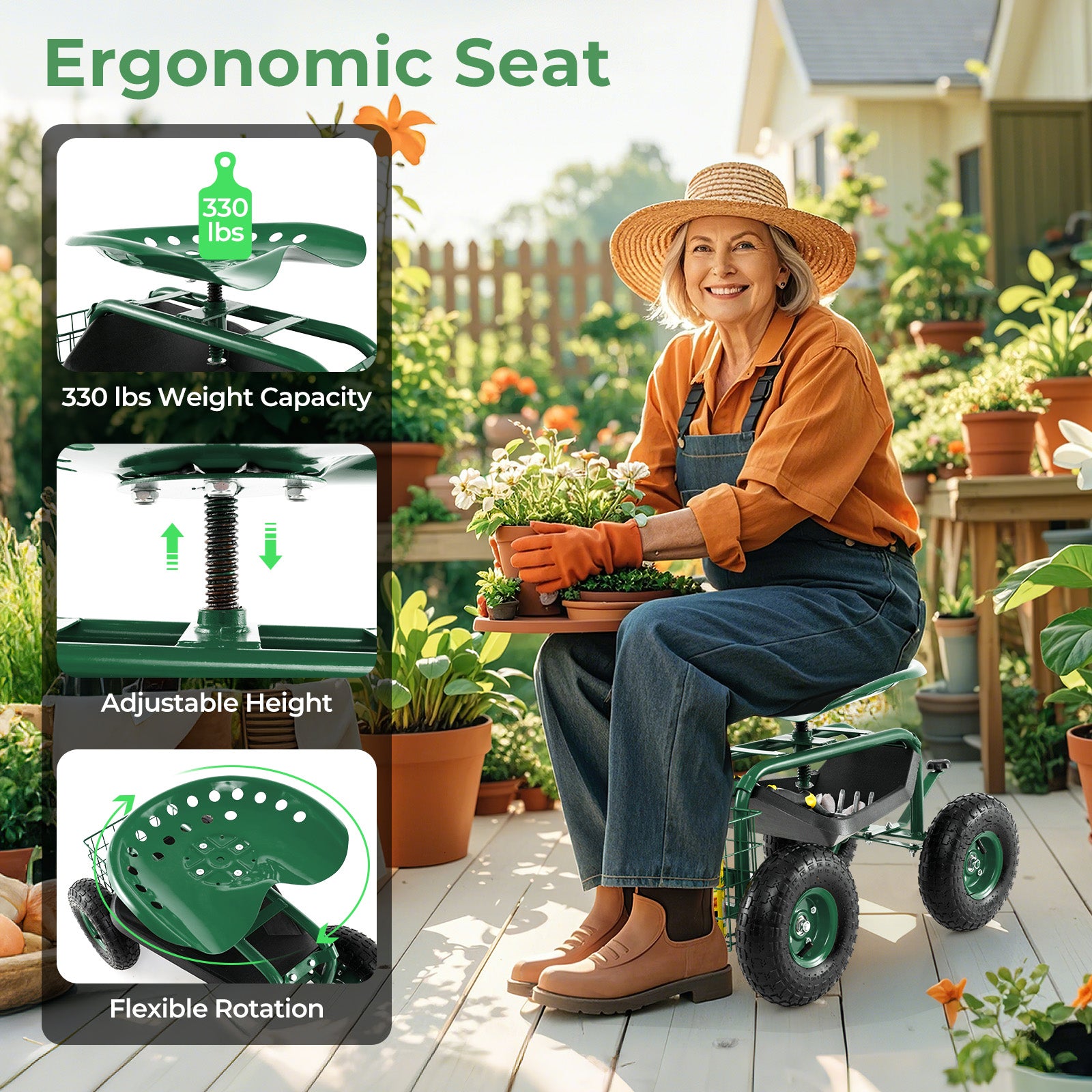 4-Wheel Rolling Garden Cart Work Seat, Green Garden Carts at Gallery Canada