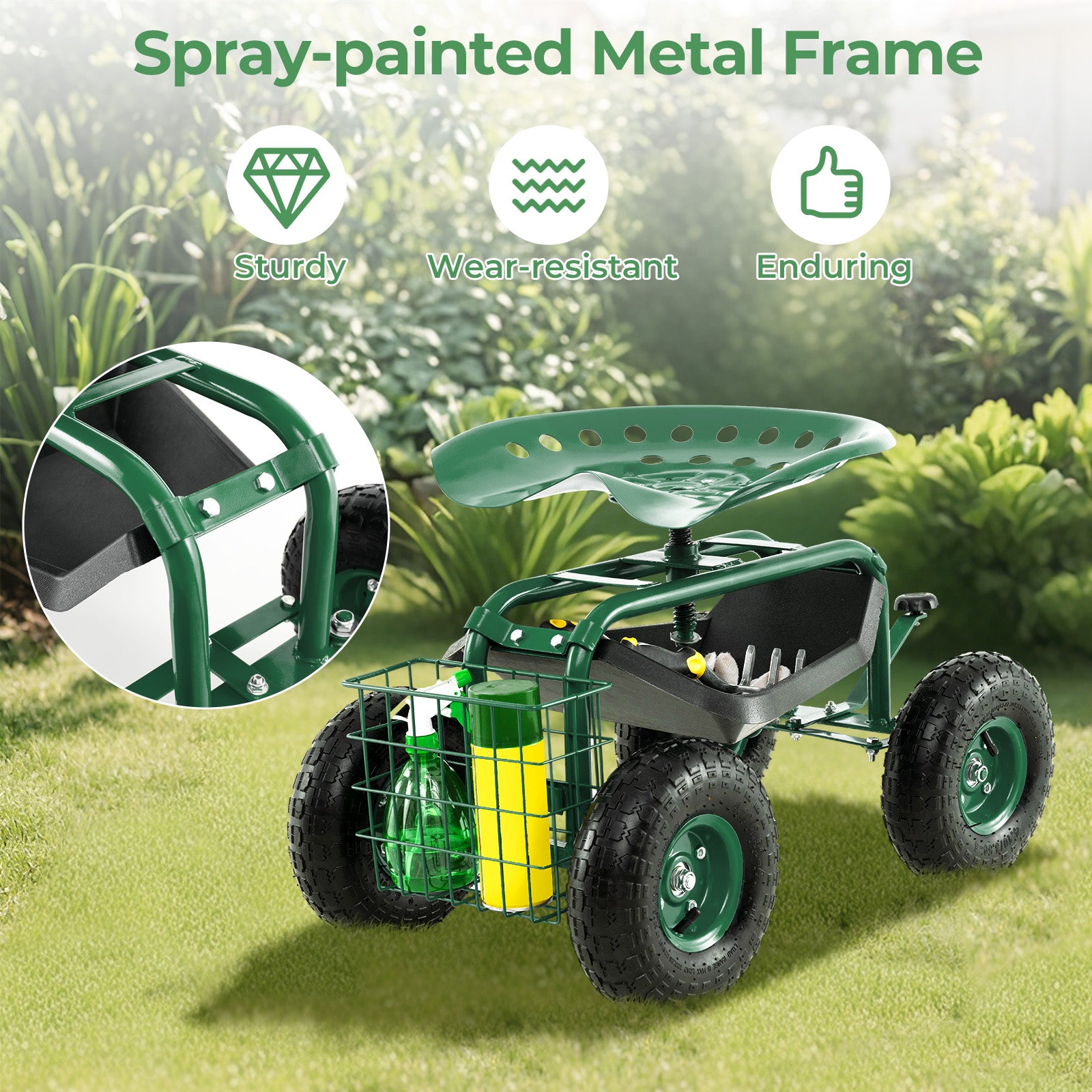 4-Wheel Rolling Garden Cart Work Seat, Green Garden Carts at Gallery Canada