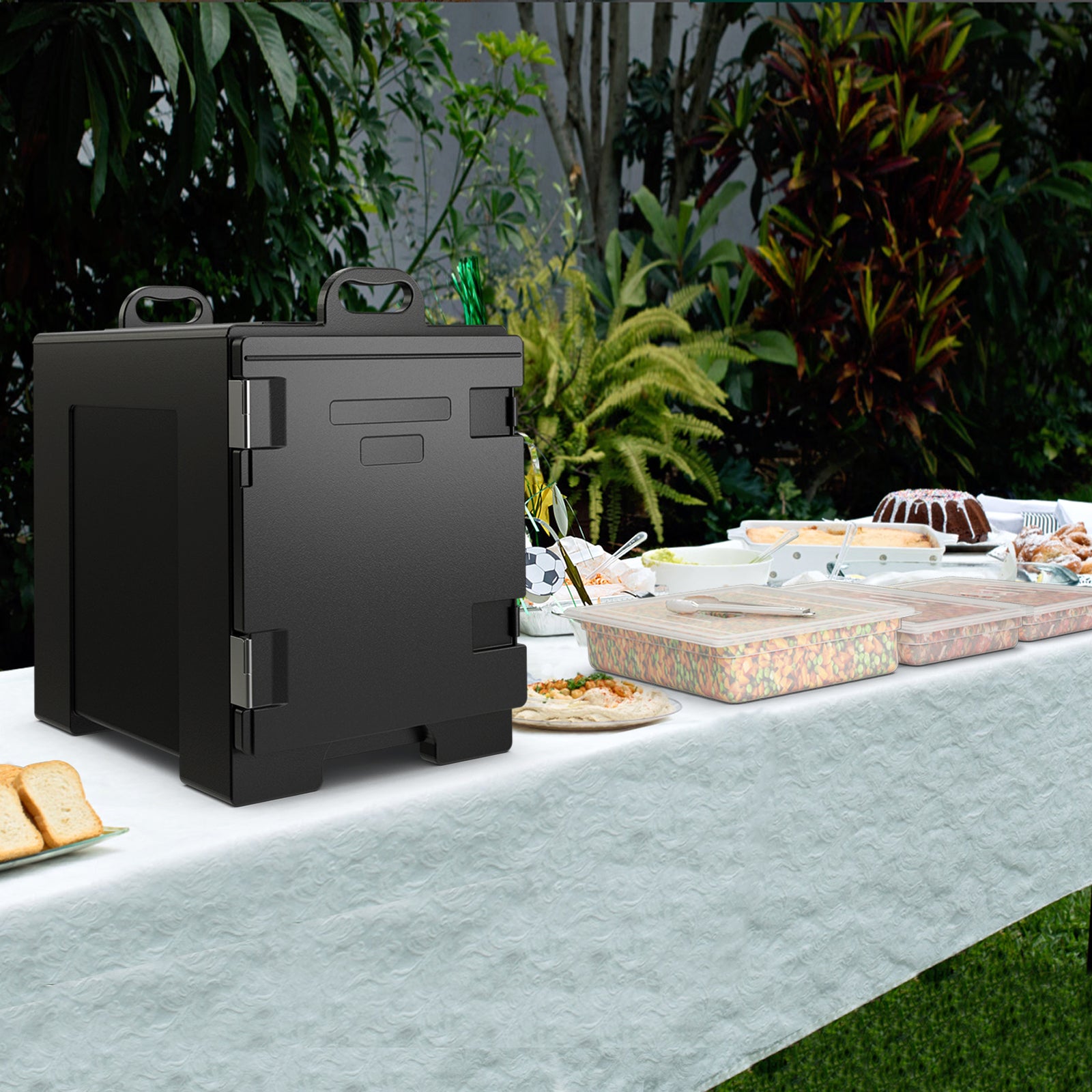 81 QT Hot Box Food Warmer with 5 Full-Size Pans and Handles Double Buckles, Black Food Warmers & Burners at Gallery Canada
