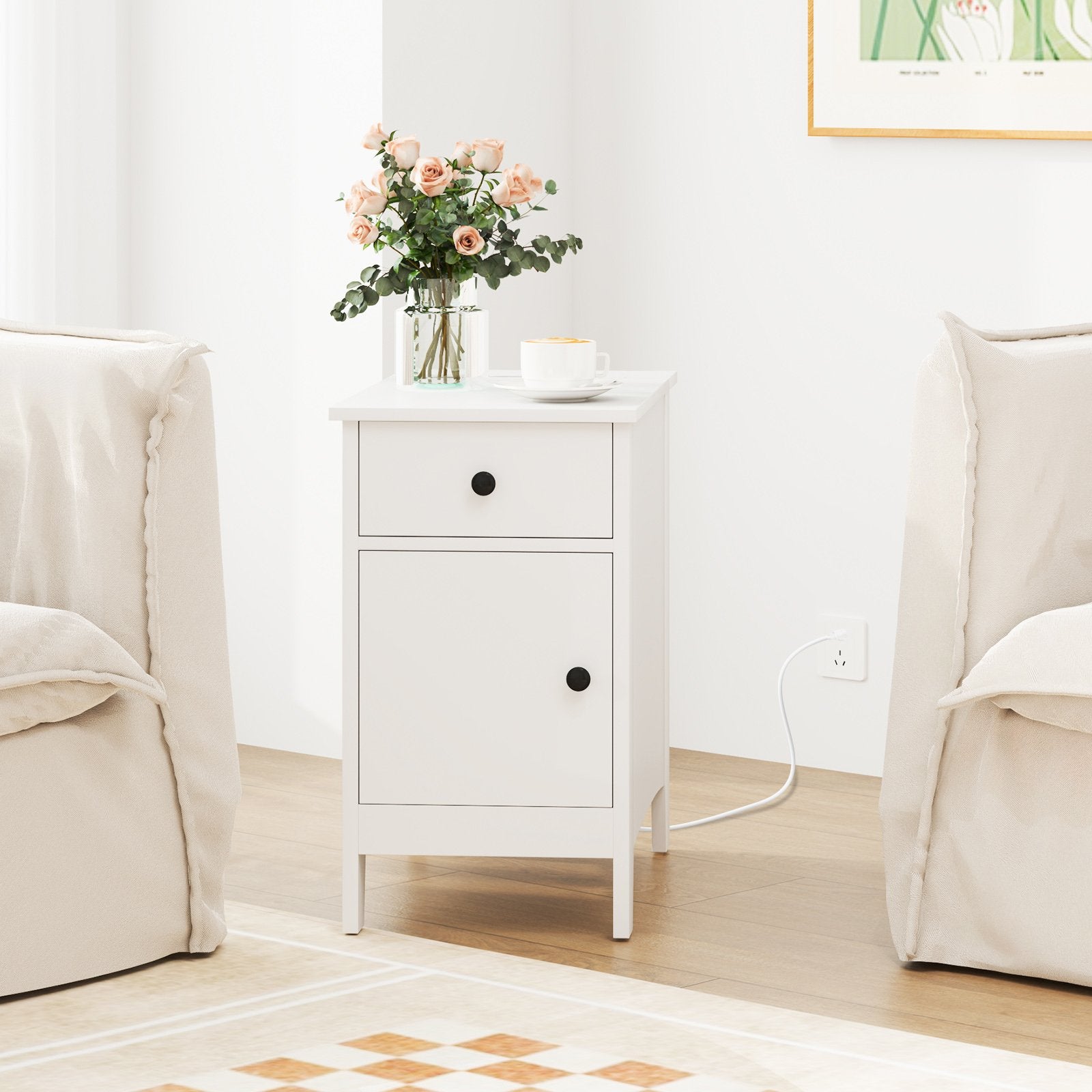 Flip Top End Table with Charging Station USB Ports Outlets and Drawer, White Nightstands at Gallery Canada