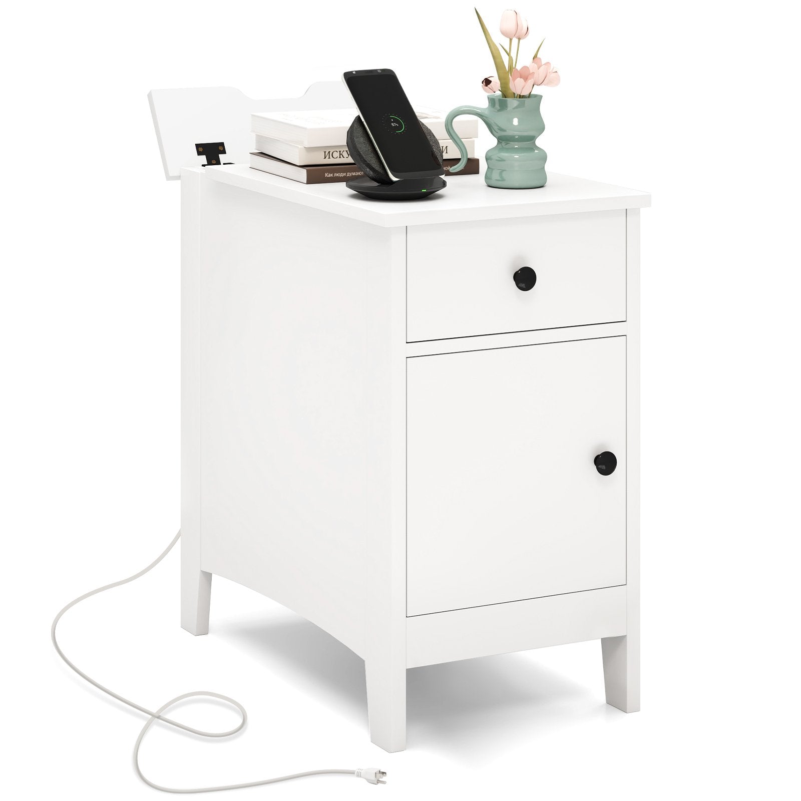Flip Top End Table with Charging Station USB Ports Outlets and Drawer, White Nightstands White at Gallery Canada