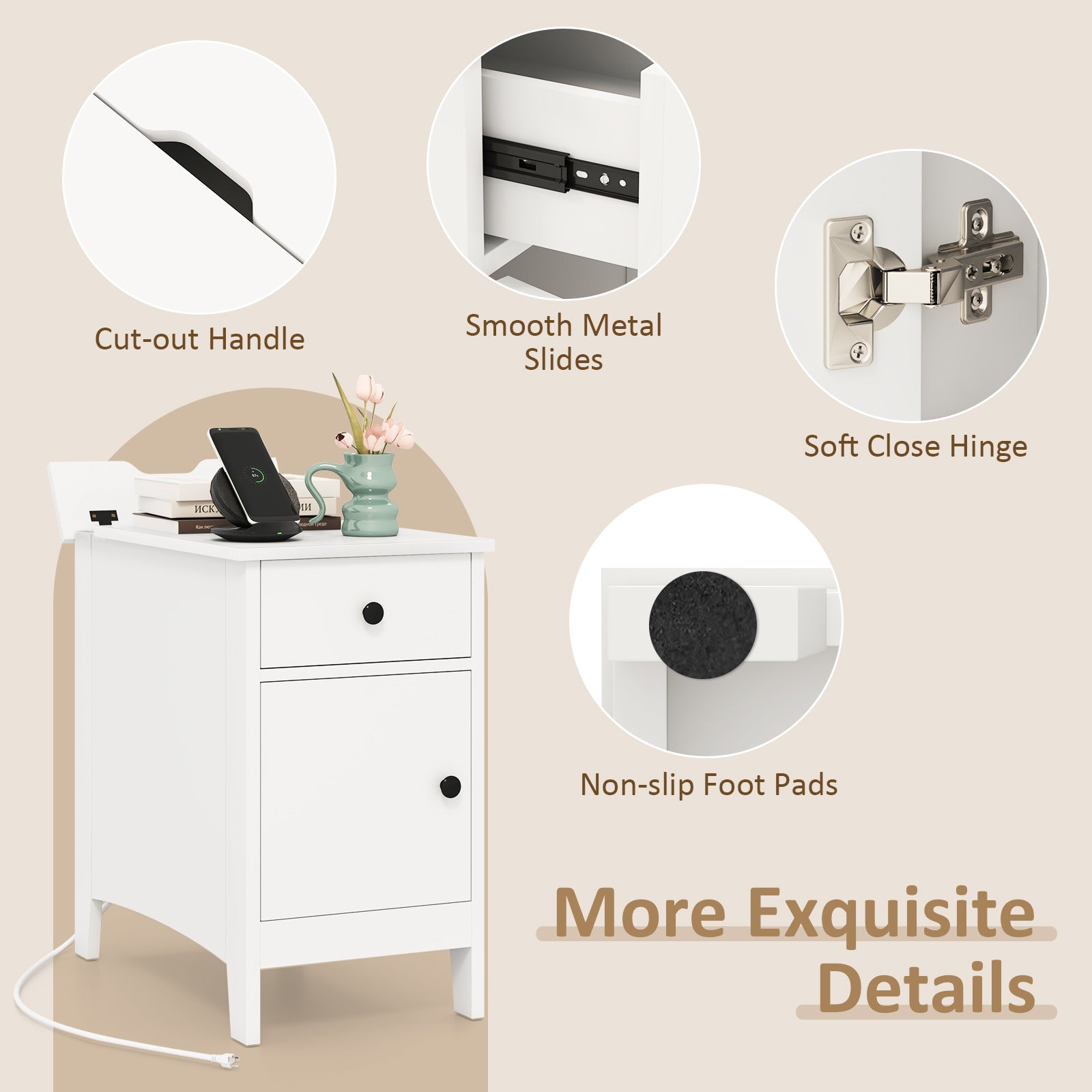 Flip Top End Table with Charging Station USB Ports Outlets and Drawer, White Nightstands at Gallery Canada
