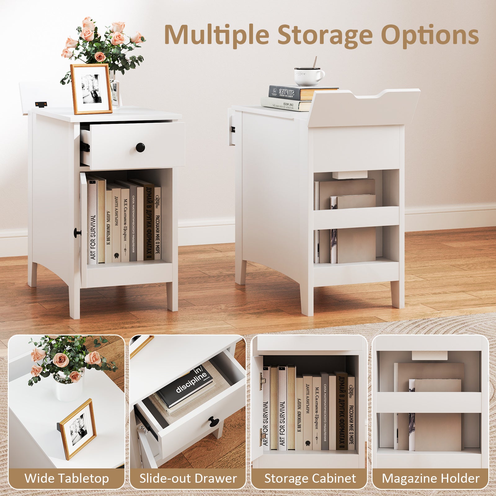Flip Top End Table with Charging Station USB Ports Outlets and Drawer, White Nightstands at Gallery Canada
