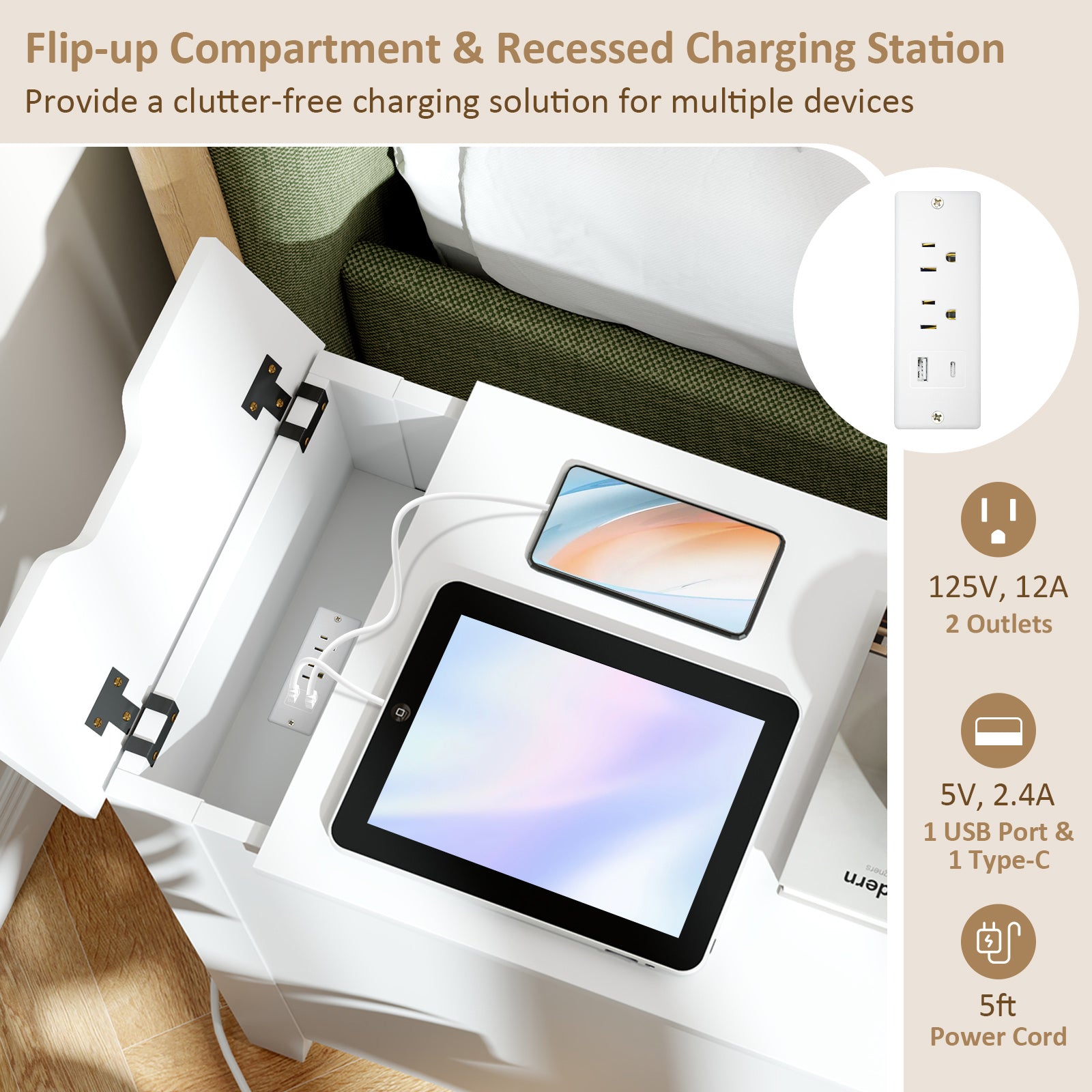 Flip Top End Table with Charging Station USB Ports Outlets and Drawer, White Nightstands at Gallery Canada