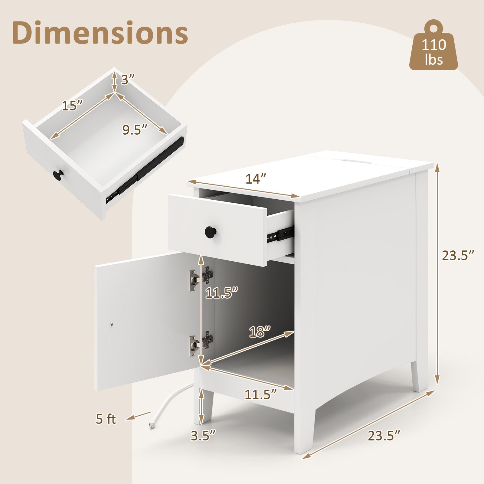 Flip Top End Table with Charging Station USB Ports Outlets and Drawer, White Nightstands at Gallery Canada