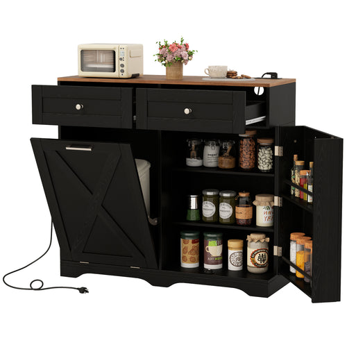 Tilt Out Trash Can Cabinet with Outlets and Adjustable Shelf, Black