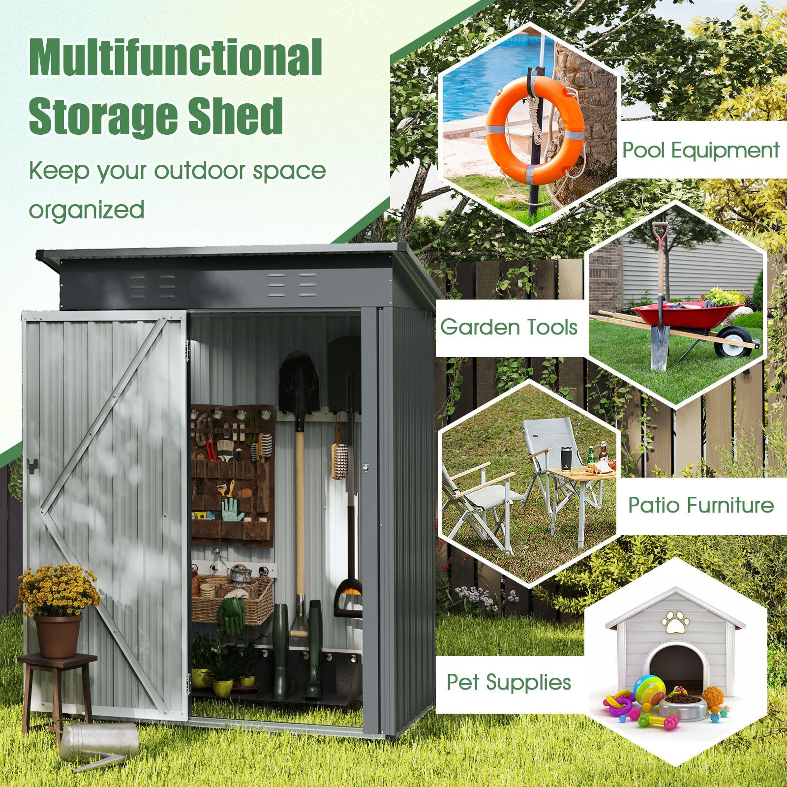 5 x 3 Feet Outdoor Storage Shed with Sloped Roof and Lockable Door, Gray Sheds & Outdoor Storage at Gallery Canada