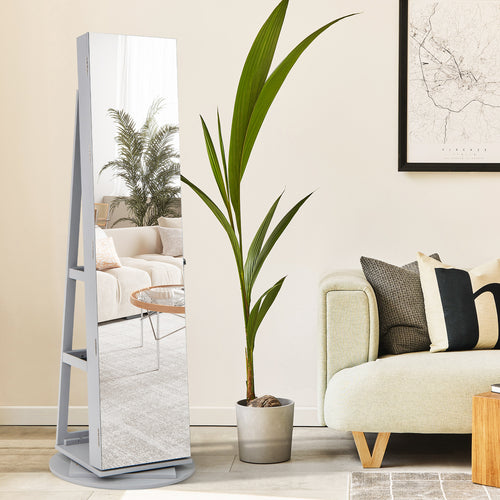 360° Rotating Mirrored Jewelry Cabinet Armoire 3 Color LED Modes Lockable, Gray