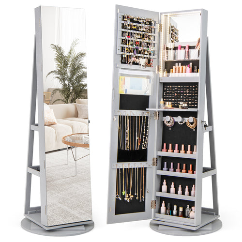 360° Rotating Mirrored Jewelry Cabinet Armoire 3 Color LED Modes Lockable, Gray