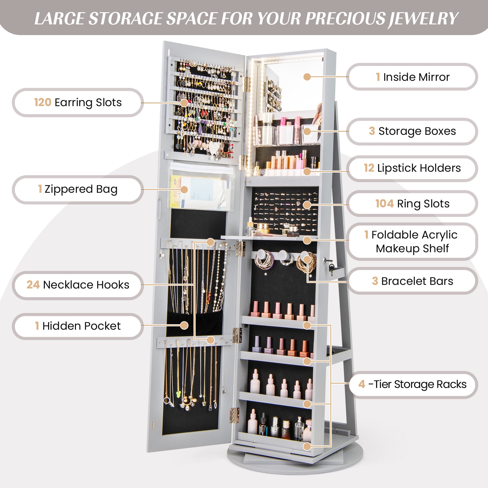 360° Rotating Mirrored Jewelry Cabinet Armoire 3 Color LED Modes Lockable, Gray Jewelry Armoires at Gallery Canada