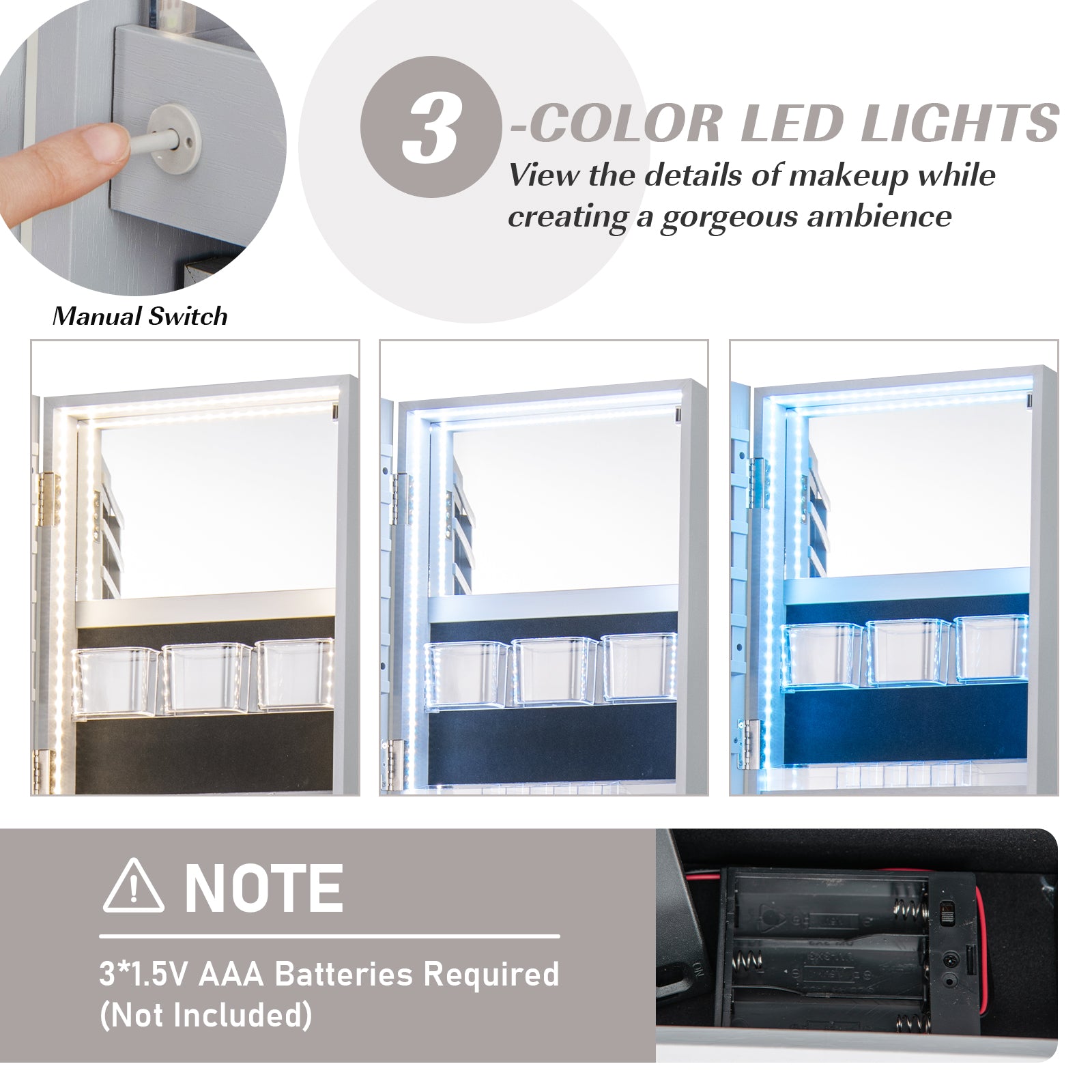 360° Rotating Mirrored Jewelry Cabinet Armoire 3 Color LED Modes Lockable, Gray Jewelry Armoires at Gallery Canada