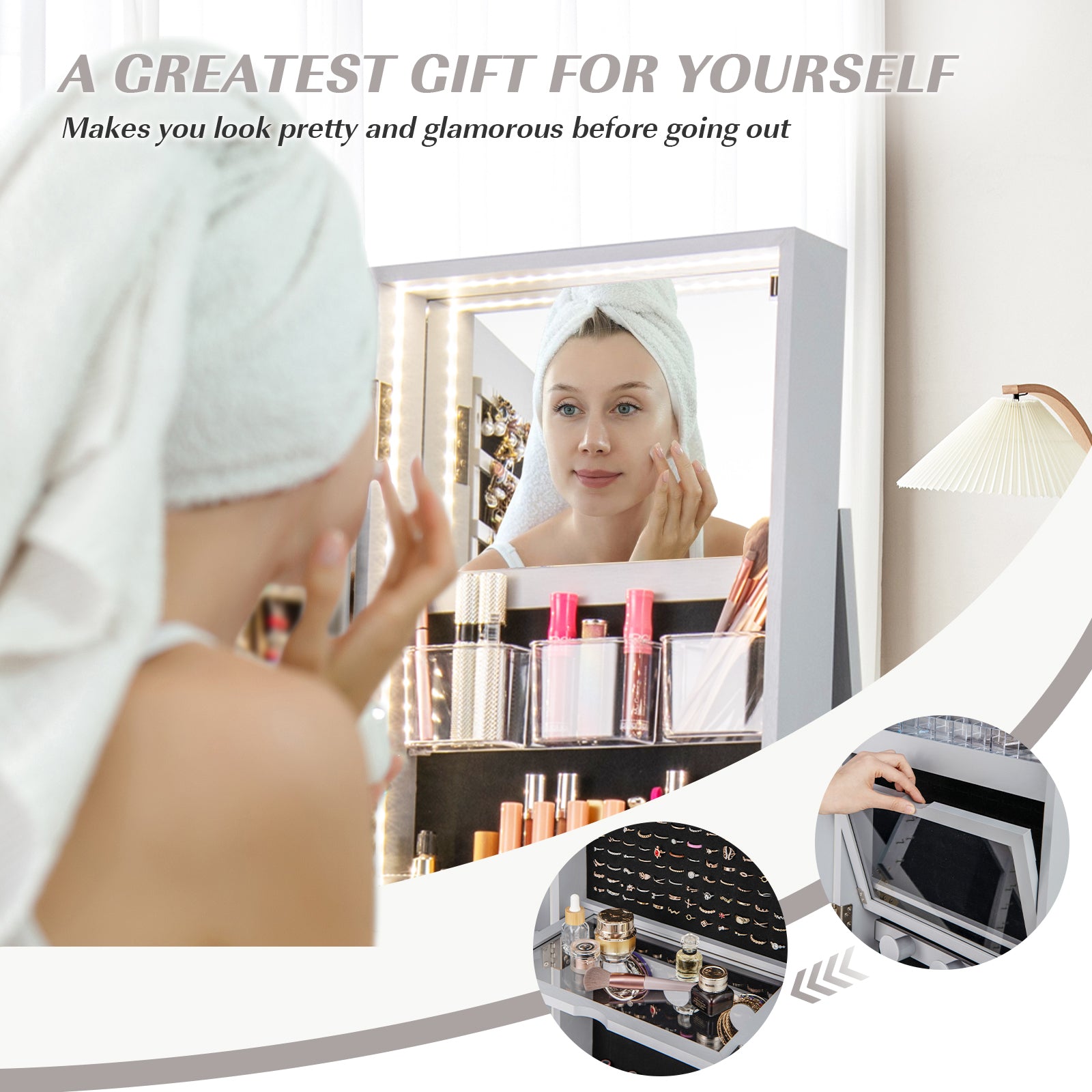 360° Rotating Mirrored Jewelry Cabinet Armoire 3 Color LED Modes Lockable, Gray Jewelry Armoires at Gallery Canada