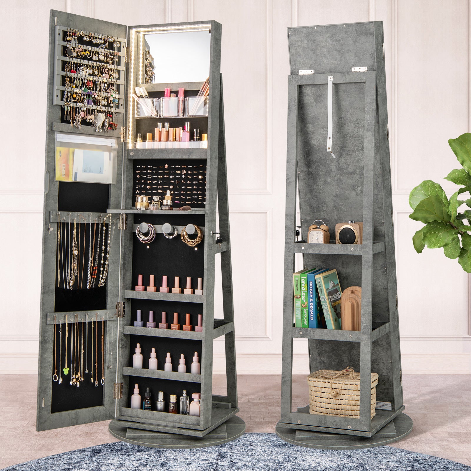 360° Rotating Mirrored Jewelry Cabinet Armoire 3 Color LED Modes Lockable, Green Jewelry Armoires at Gallery Canada