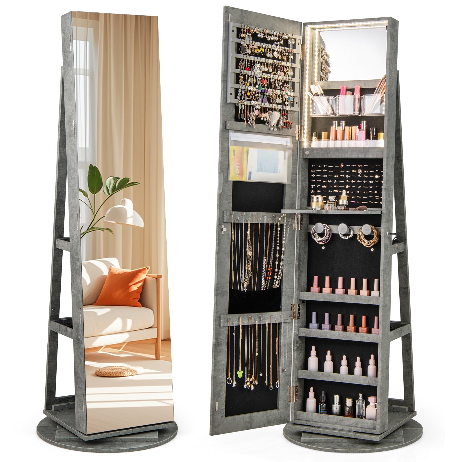 360° Rotating Mirrored Jewelry Cabinet Armoire 3 Color LED Modes Lockable, Green Jewelry Armoires Green at Gallery Canada
