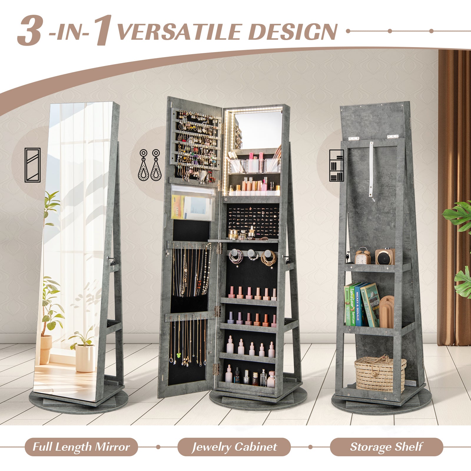 360° Rotating Mirrored Jewelry Cabinet Armoire 3 Color LED Modes Lockable, Green Jewelry Armoires at Gallery Canada