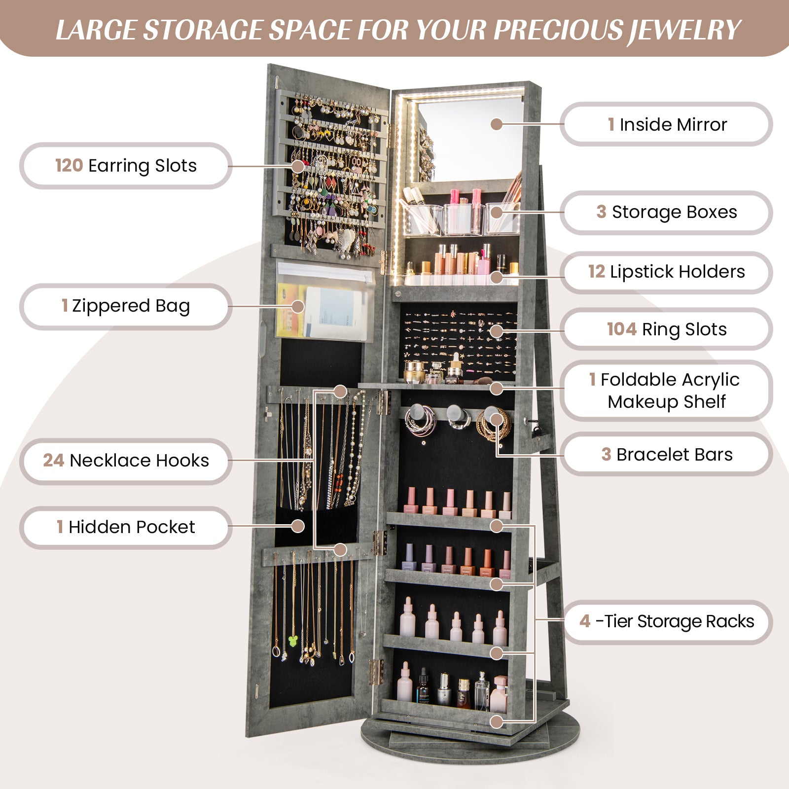360° Rotating Mirrored Jewelry Cabinet Armoire 3 Color LED Modes Lockable, Green Jewelry Armoires at Gallery Canada