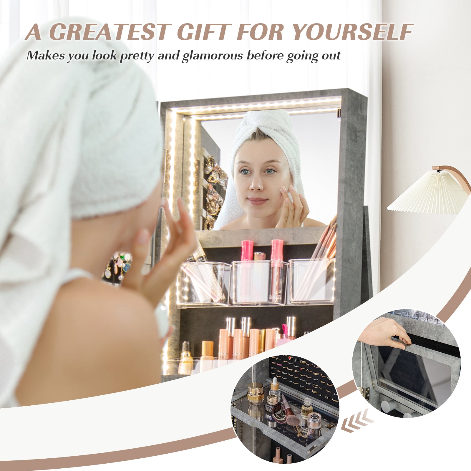 360° Rotating Mirrored Jewelry Cabinet Armoire 3 Color LED Modes Lockable, Green Jewelry Armoires at Gallery Canada