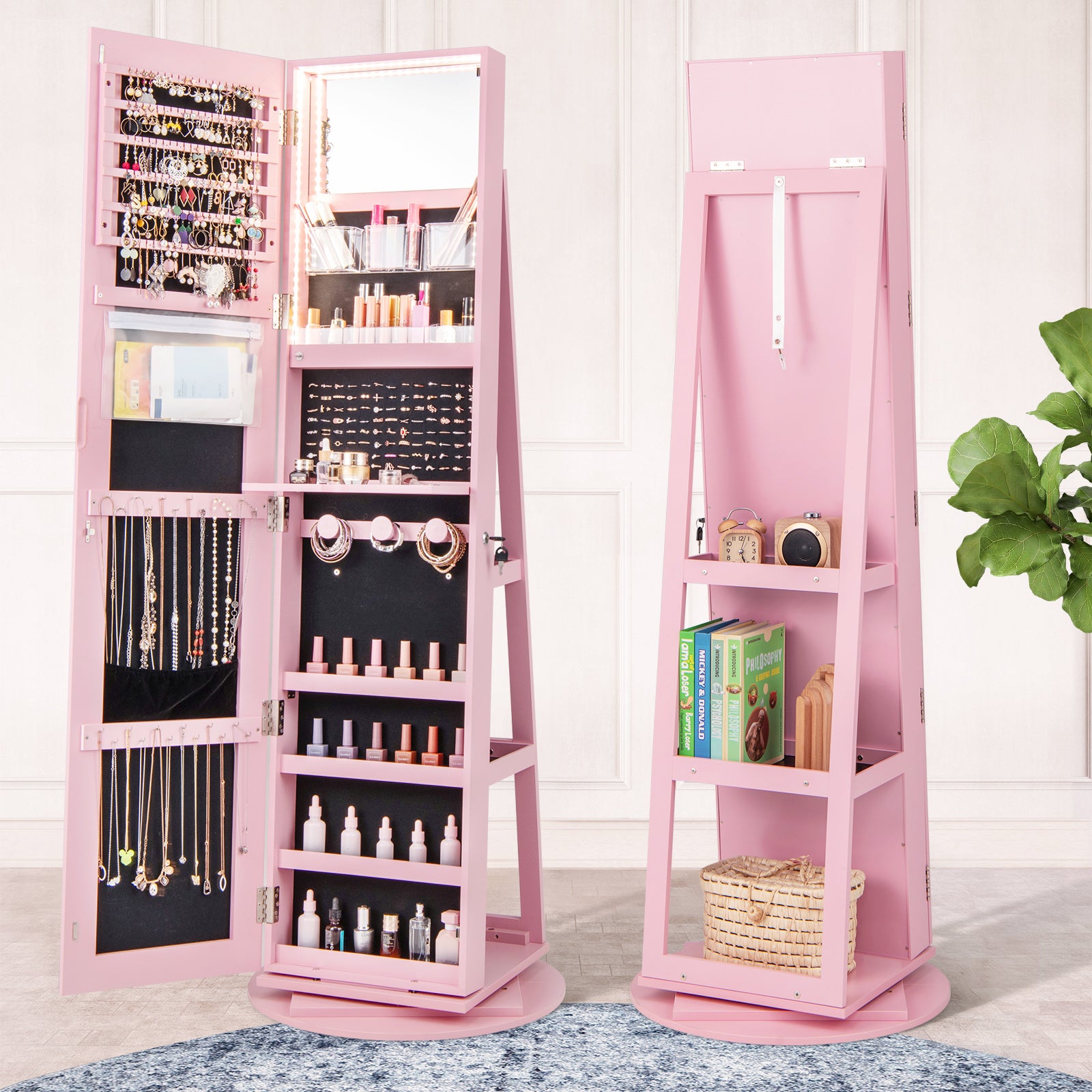 360° Rotating Mirrored Jewelry Cabinet Armoire 3 Color LED Modes Lockable, Pink Jewelry Armoires at Gallery Canada