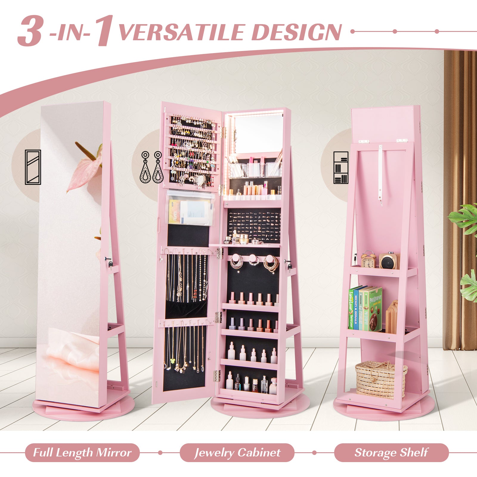 360° Rotating Mirrored Jewelry Cabinet Armoire 3 Color LED Modes Lockable, Pink Jewelry Armoires at Gallery Canada