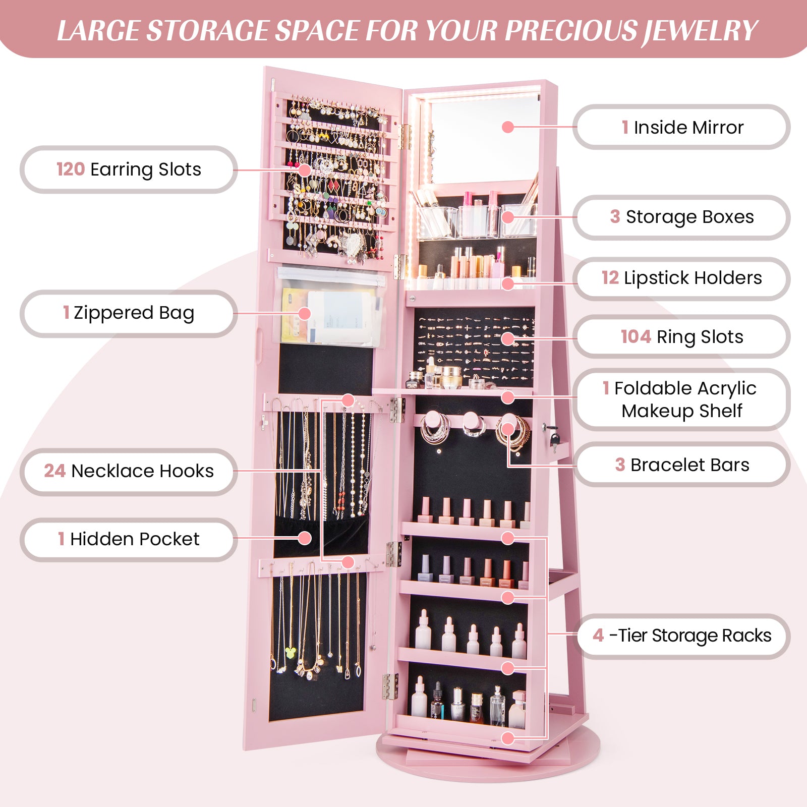 360° Rotating Mirrored Jewelry Cabinet Armoire 3 Color LED Modes Lockable, Pink Jewelry Armoires at Gallery Canada