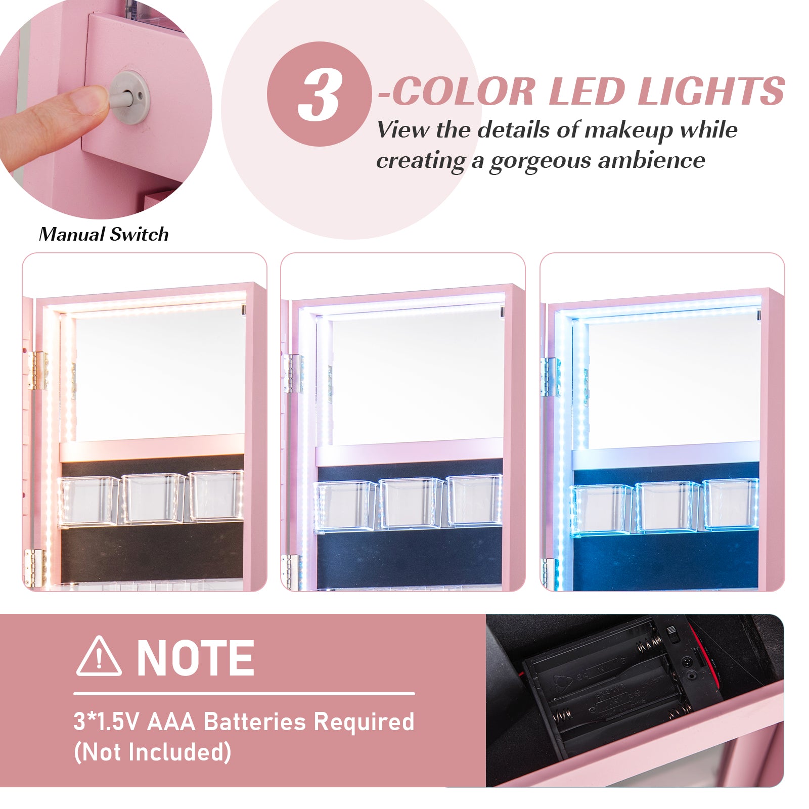 360° Rotating Mirrored Jewelry Cabinet Armoire 3 Color LED Modes Lockable, Pink Jewelry Armoires at Gallery Canada