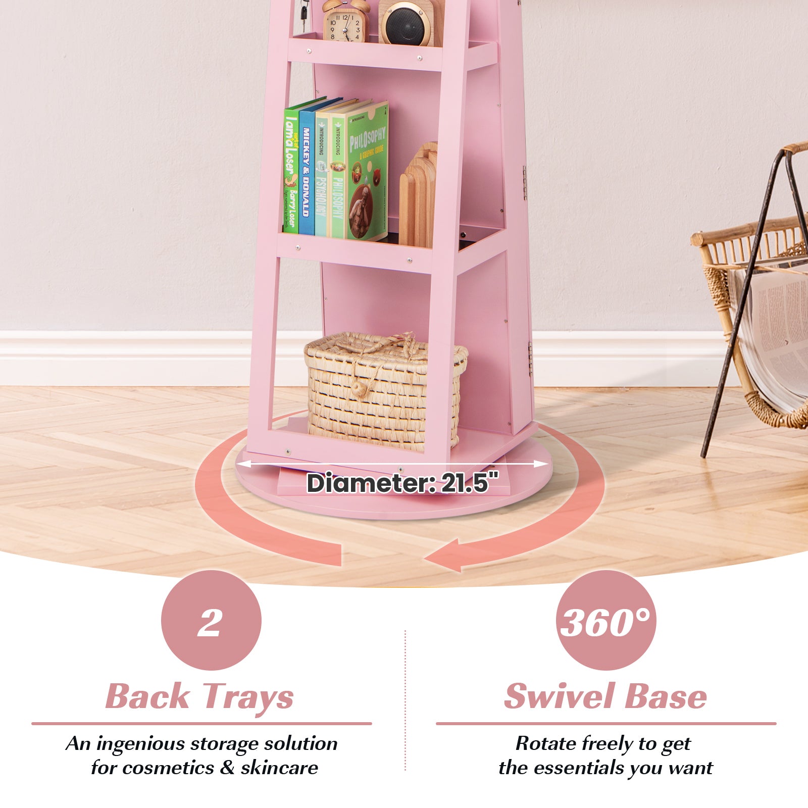 360° Rotating Mirrored Jewelry Cabinet Armoire 3 Color LED Modes Lockable, Pink Jewelry Armoires at Gallery Canada