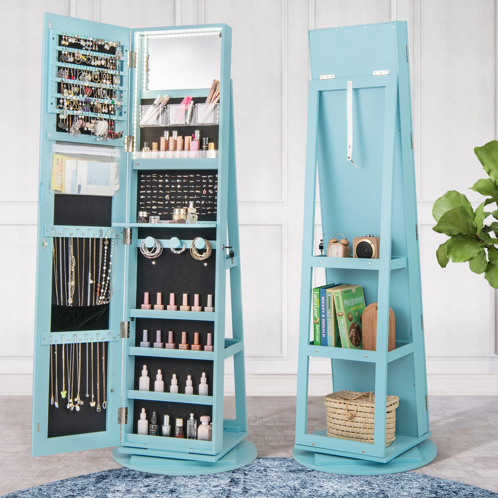 360° Rotating Mirrored Jewelry Cabinet Armoire 3 Color LED Modes Lockable, Blue Jewelry Armoires at Gallery Canada