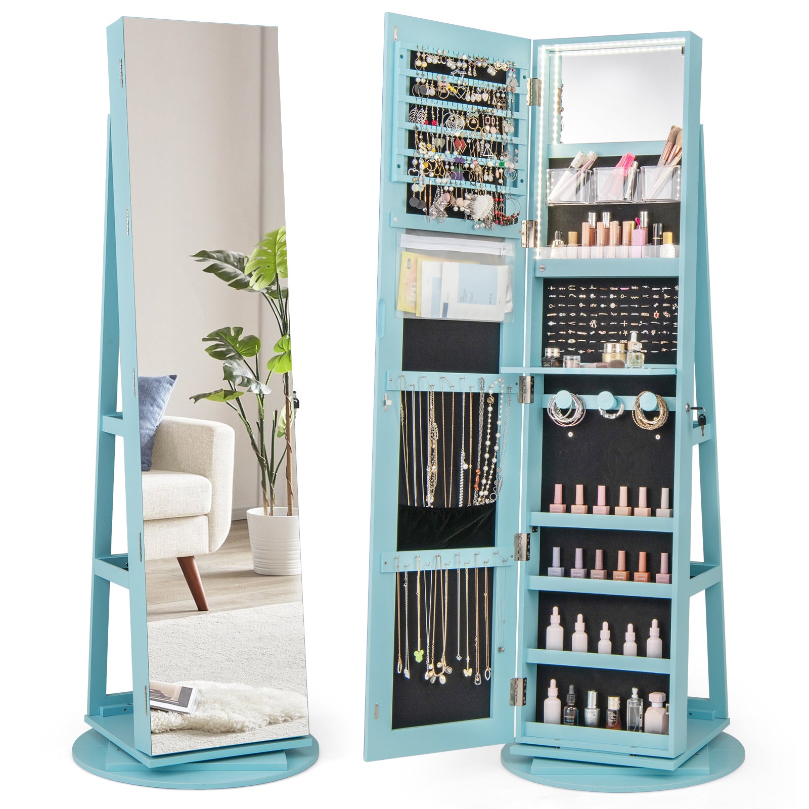 360° Rotating Mirrored Jewelry Cabinet Armoire 3 Color LED Modes Lockable, Blue Jewelry Armoires Blue at Gallery Canada