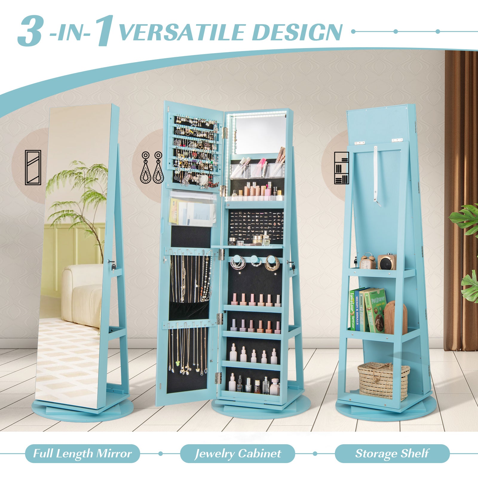 360° Rotating Mirrored Jewelry Cabinet Armoire 3 Color LED Modes Lockable, Blue Jewelry Armoires at Gallery Canada