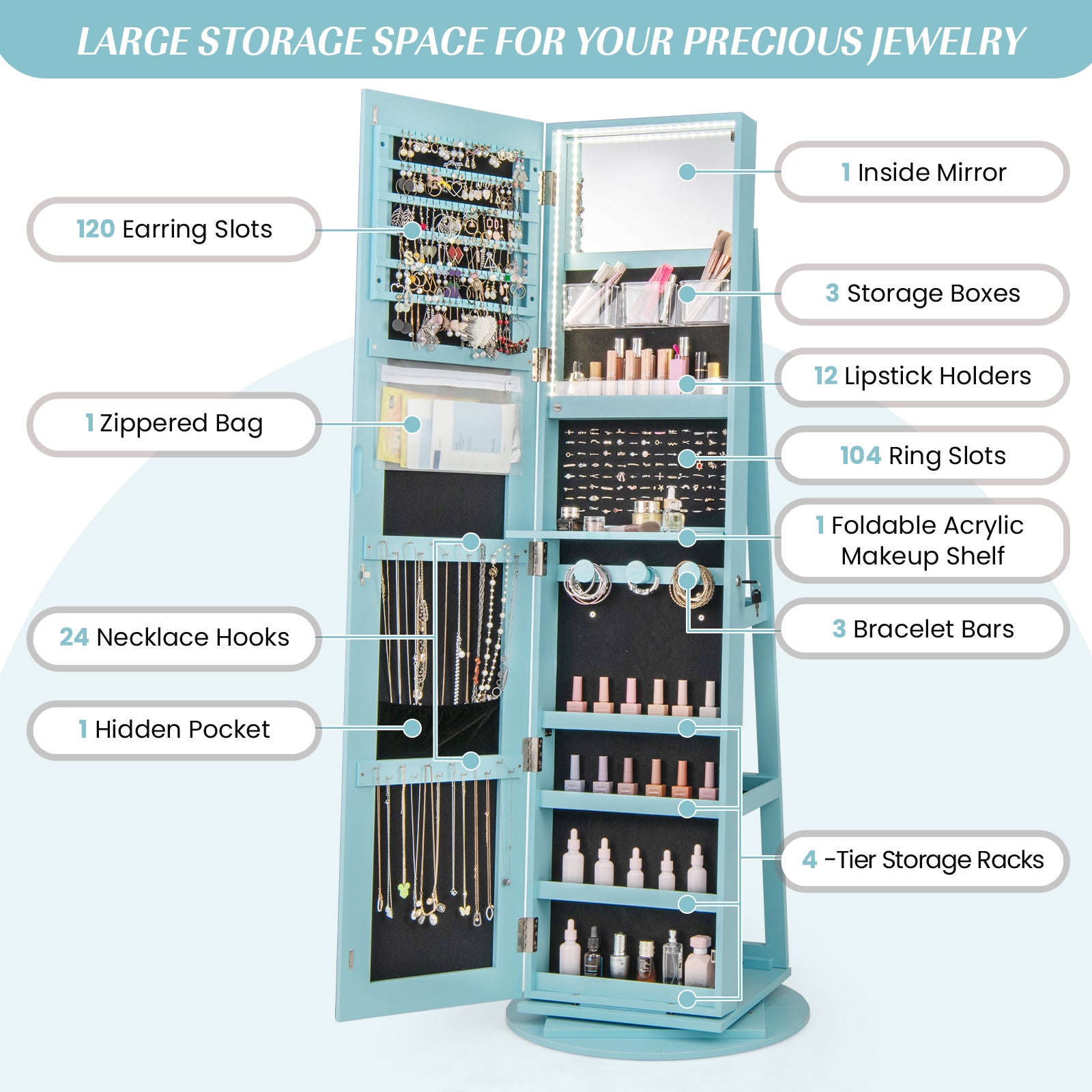 360° Rotating Mirrored Jewelry Cabinet Armoire 3 Color LED Modes Lockable, Blue Jewelry Armoires at Gallery Canada