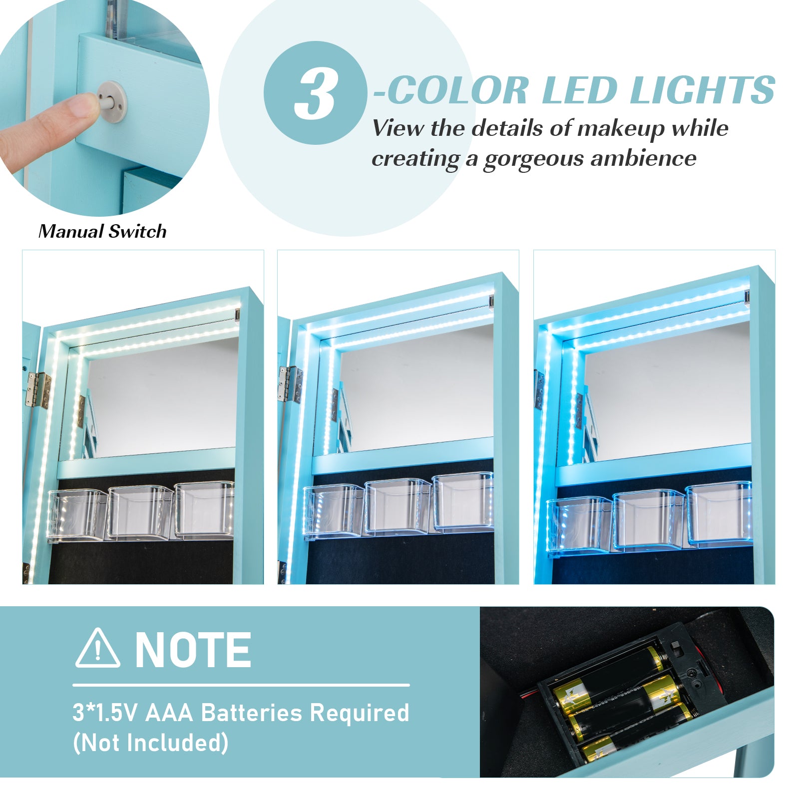 360° Rotating Mirrored Jewelry Cabinet Armoire 3 Color LED Modes Lockable, Blue Jewelry Armoires at Gallery Canada