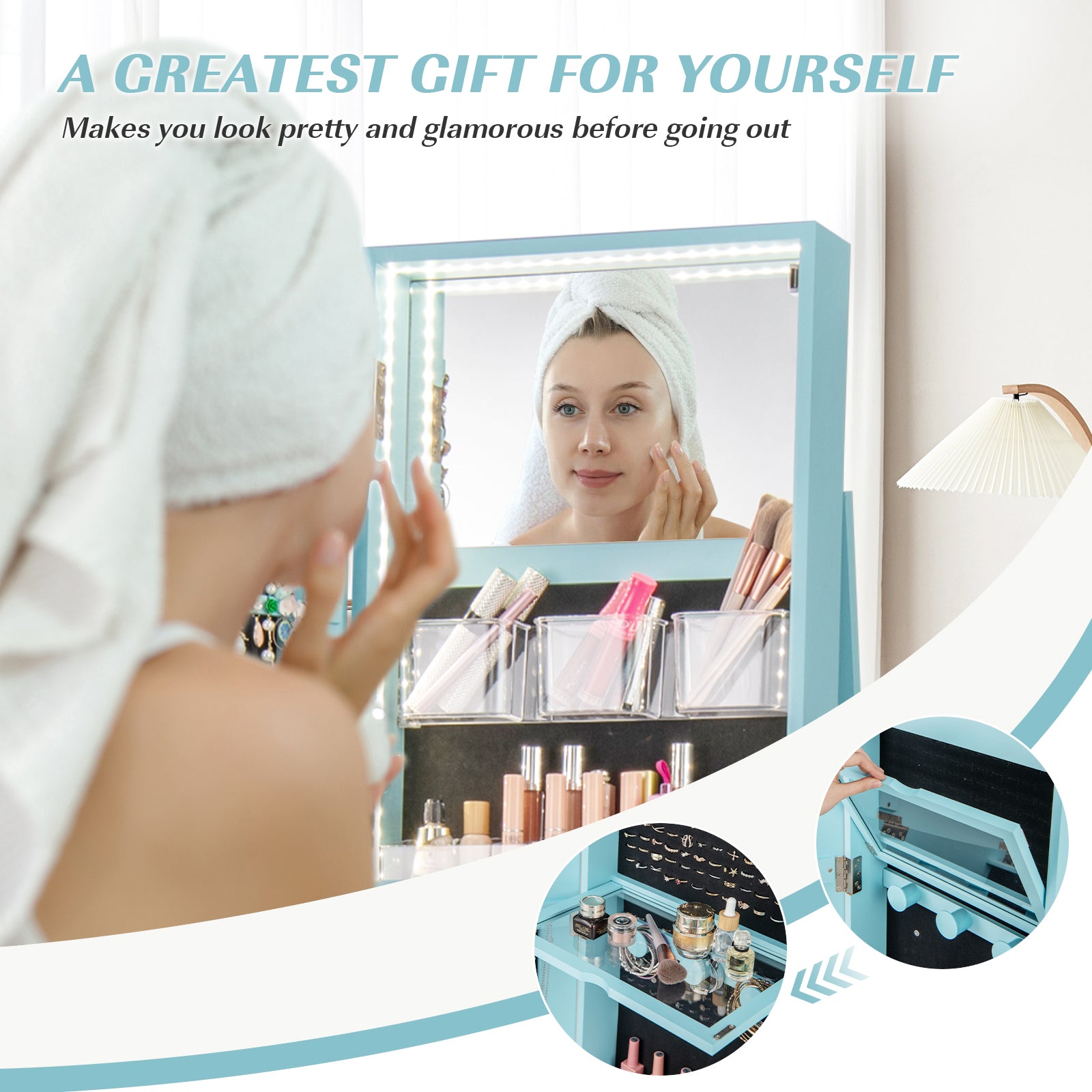 360° Rotating Mirrored Jewelry Cabinet Armoire 3 Color LED Modes Lockable, Blue Jewelry Armoires at Gallery Canada