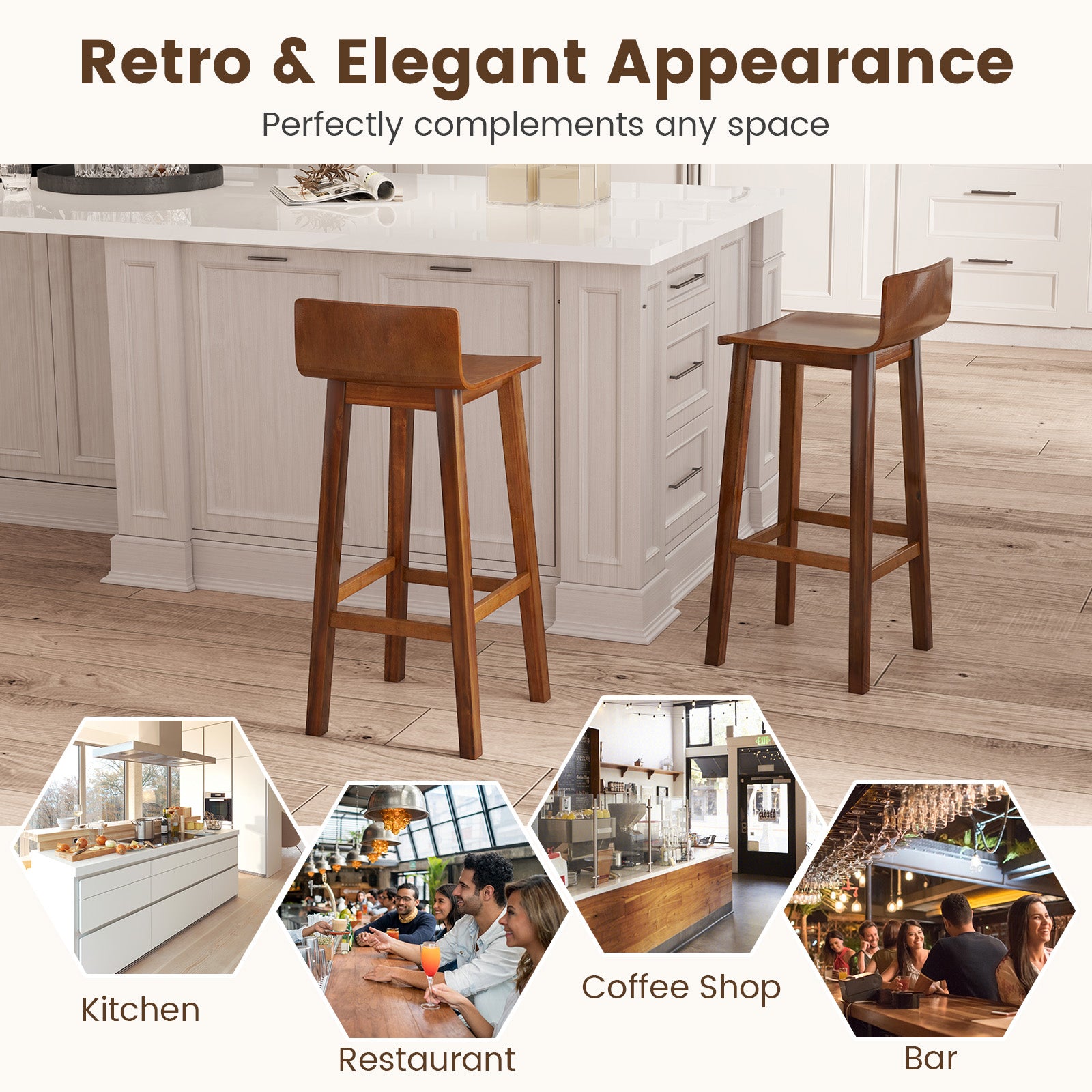 29 Inch Wood Bar Stools Set of 2 with Solid Back and Seat, Walnut Bar Stools at Gallery Canada