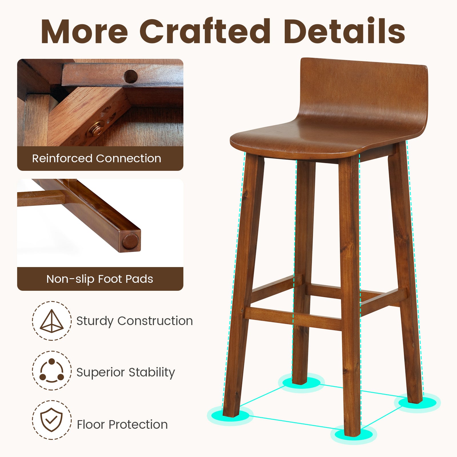 29 Inch Wood Bar Stools Set of 2 with Solid Back and Seat, Walnut Bar Stools at Gallery Canada