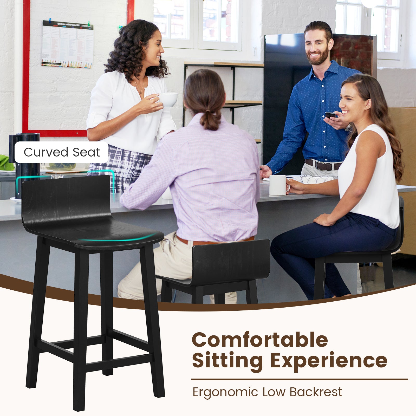 Wood Bar Stools Set of 2 with Solid Back and Seat, Black Bar Stools at Gallery Canada