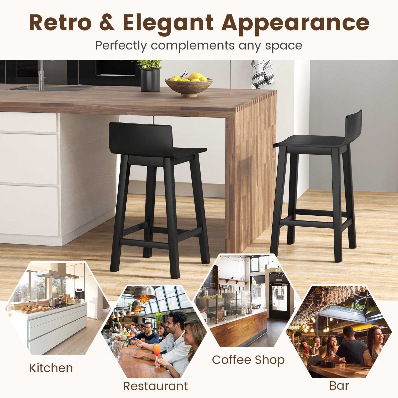Wood Bar Stools Set of 2 with Solid Back and Seat, Black Bar Stools at Gallery Canada