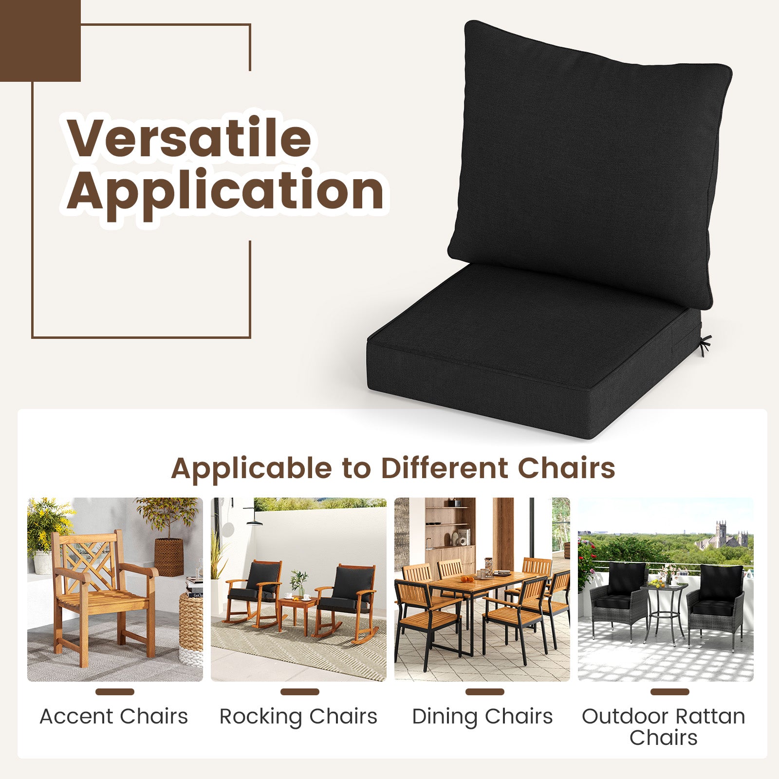 Deep Seat Chair Cushion Pads Set with Rope Belts for Indoor and Outdoor, Black Outdoor Furniture Accessories at Gallery Canada