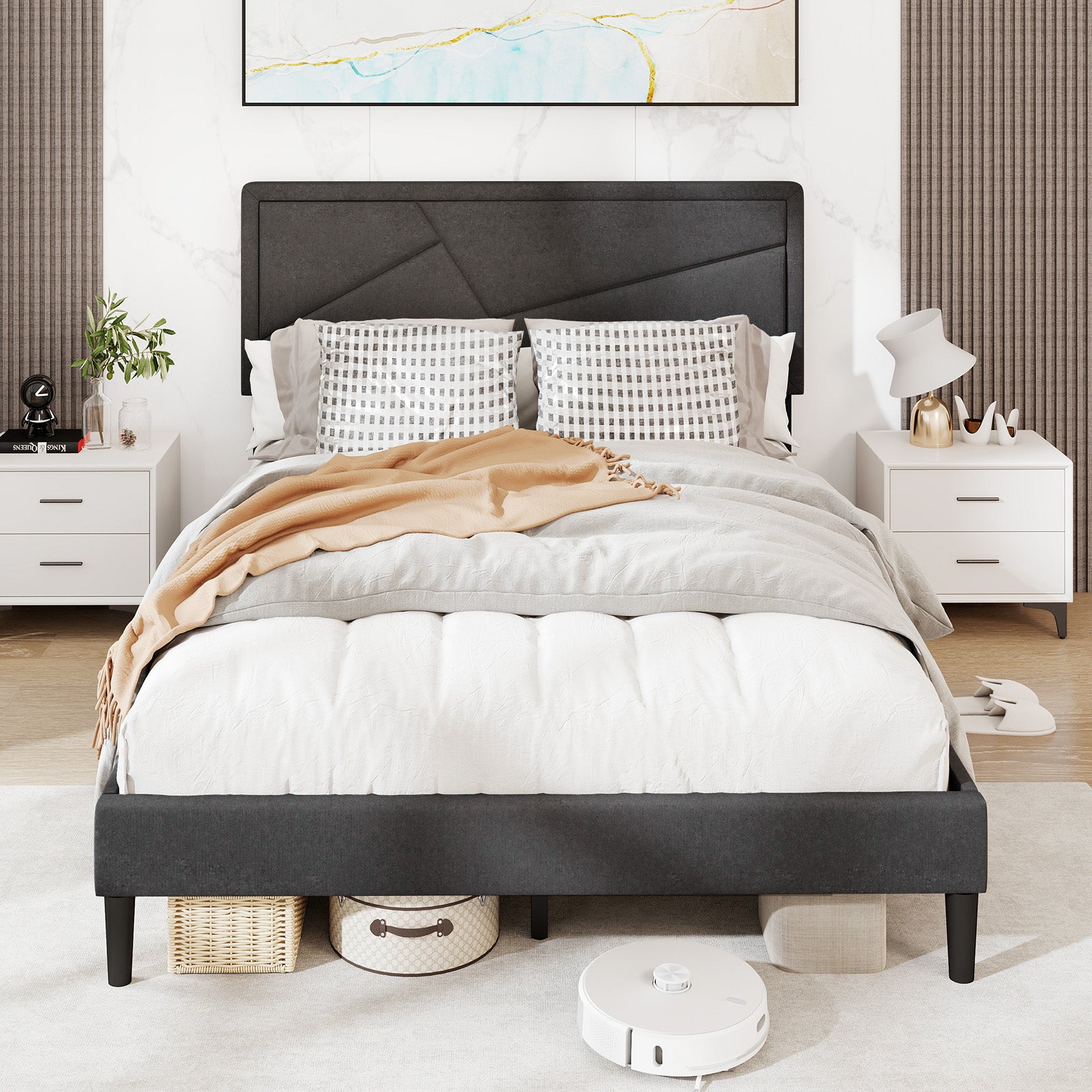 Twin/Full/Queen Size Upholstered Platform Bed Frame with High Headboard-Full Size, Gray Simple Bed Frame at Gallery Canada