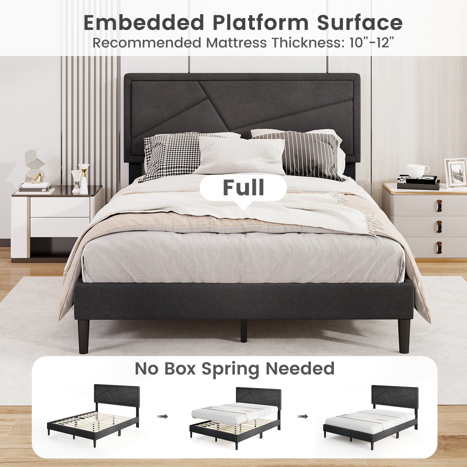 Twin/Full/Queen Size Upholstered Platform Bed Frame with High Headboard-Full Size, Gray Simple Bed Frame at Gallery Canada