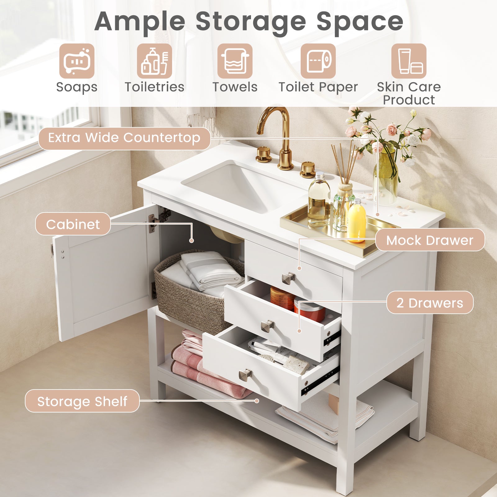 Freestanding Bathroom Vanity Unit with Basin Floor Storage Cabinet, White Floor Cabinets at Gallery Canada