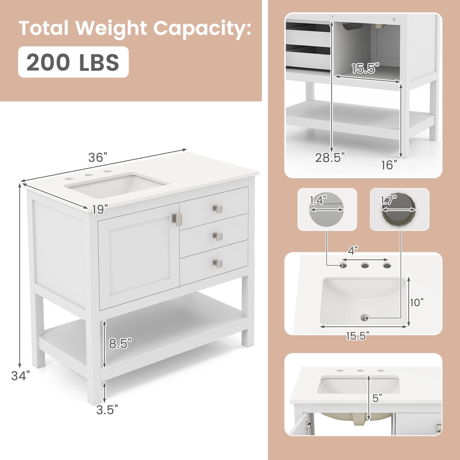 Freestanding Bathroom Vanity Unit with Basin Floor Storage Cabinet, White Floor Cabinets at Gallery Canada
