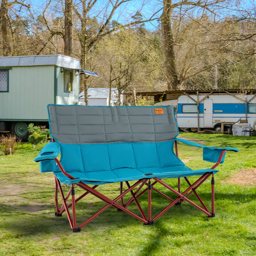 Oversized Camping Chair Folding Loveseat Camping Couch with Cup Holders & Thick Padding, Blue