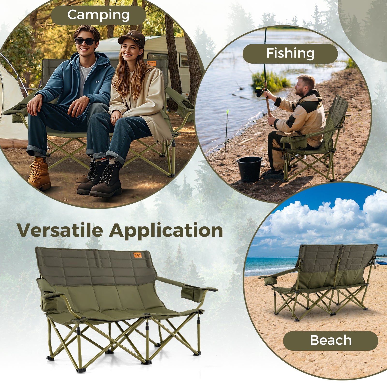 Oversized Camping Chair Folding Loveseat Camping Couch with Cup Holders & Thick Padding, Green Camping Furniture at Gallery Canada