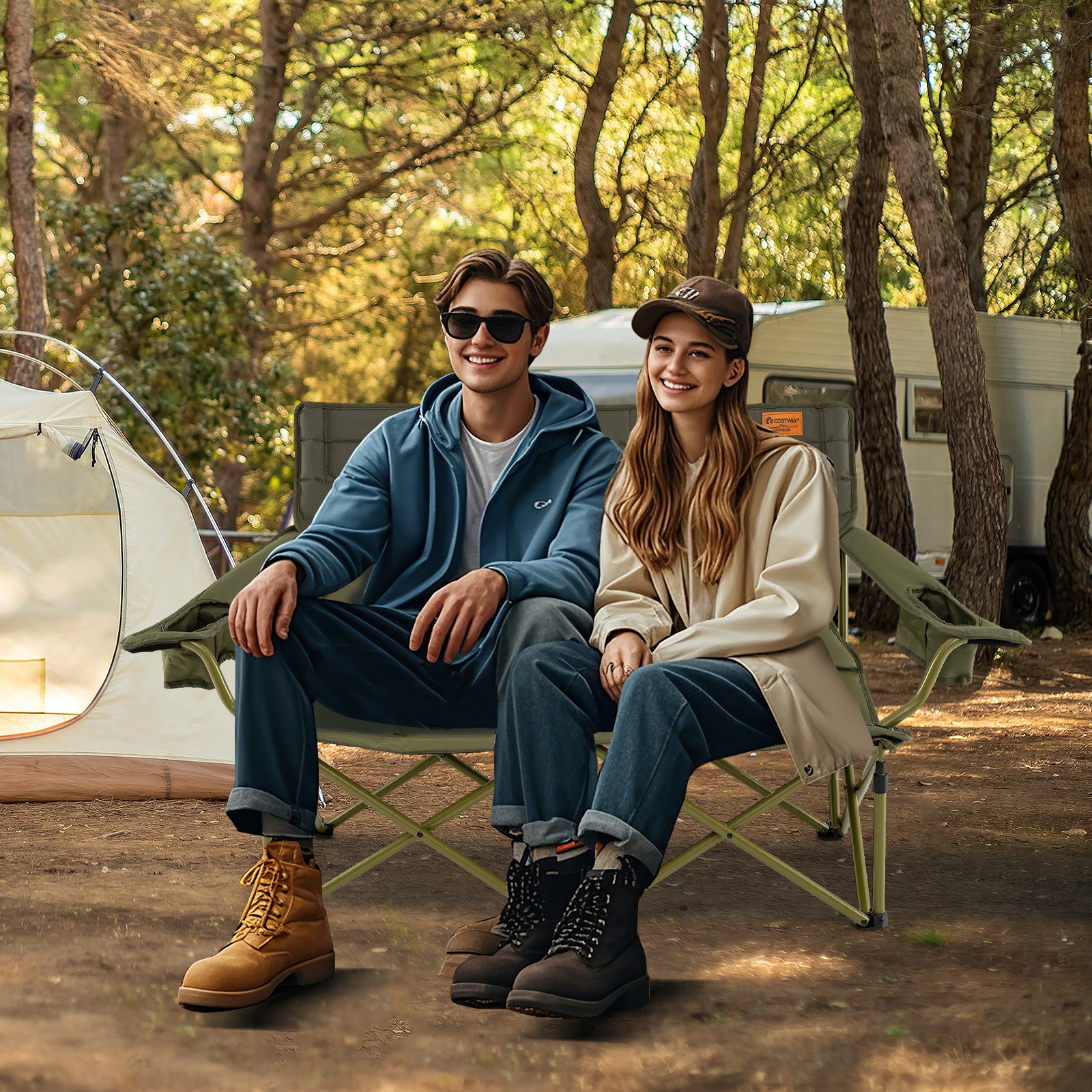 Oversized Camping Chair Folding Loveseat Camping Couch with Cup Holders & Thick Padding, Green Camping Furniture at Gallery Canada