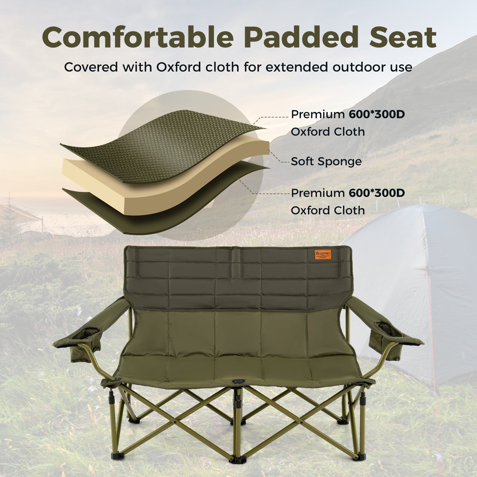 Oversized Camping Chair Folding Loveseat Camping Couch with Cup Holders & Thick Padding, Green Camping Furniture at Gallery Canada