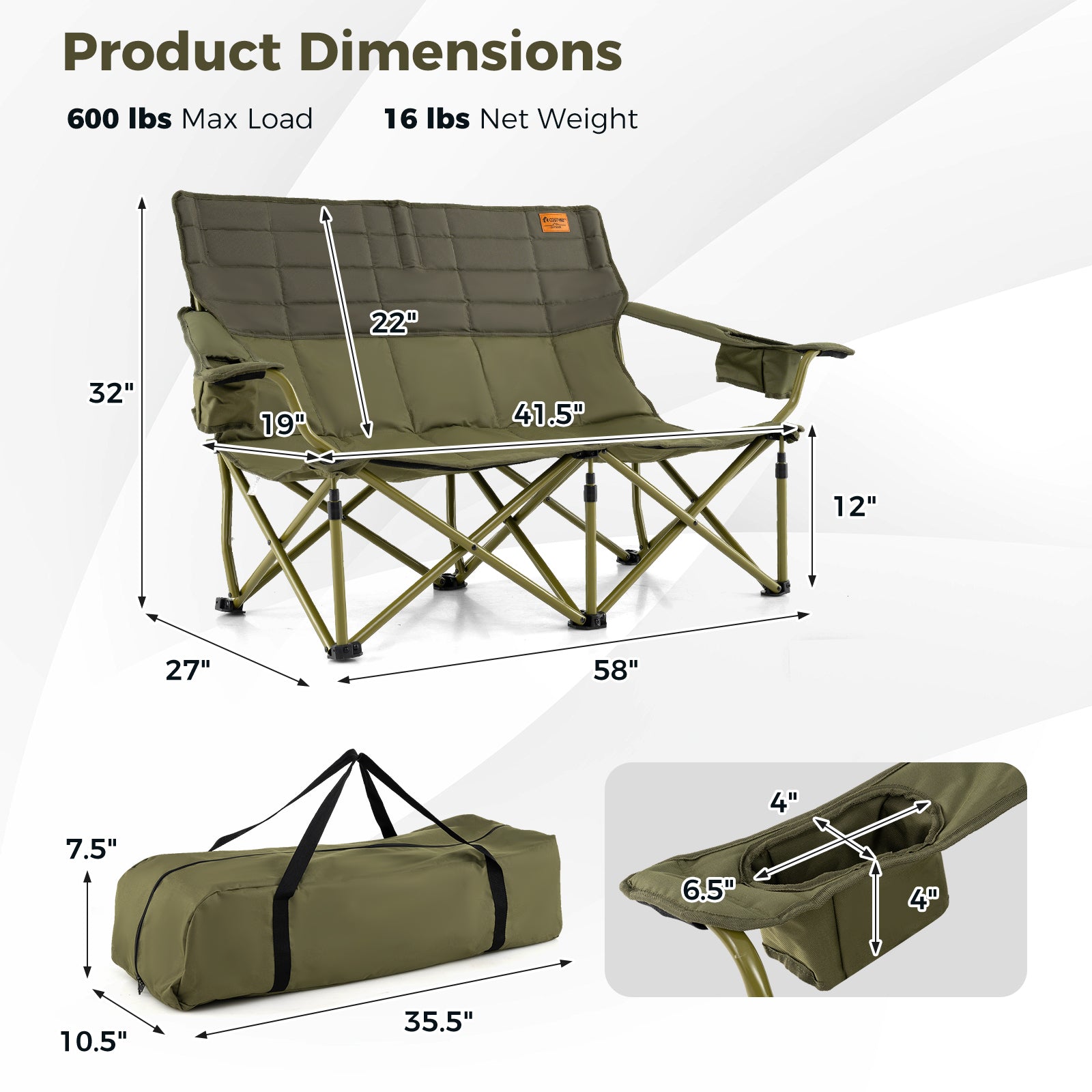 Oversized Camping Chair Folding Loveseat Camping Couch with Cup Holders & Thick Padding, Green Camping Furniture at Gallery Canada