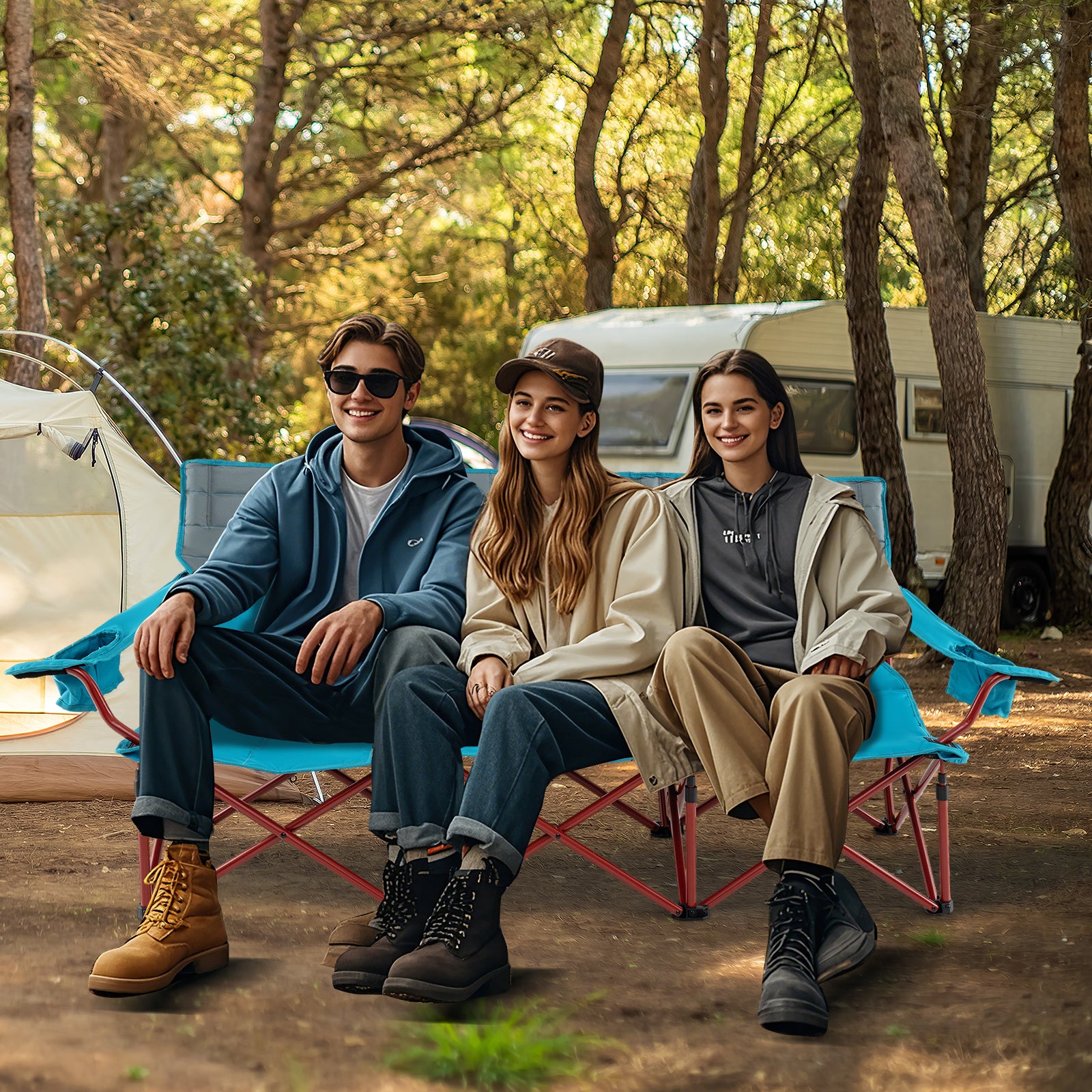 3 Person Folding Camping Chair with 2 Cup Holders Cotton Padding & Storage Bag, Blue Camping Furniture at Gallery Canada