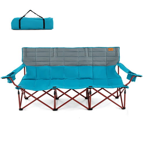 3 Person Folding Camping Chair with 2 Cup Holders Cotton Padding & Storage Bag, Blue