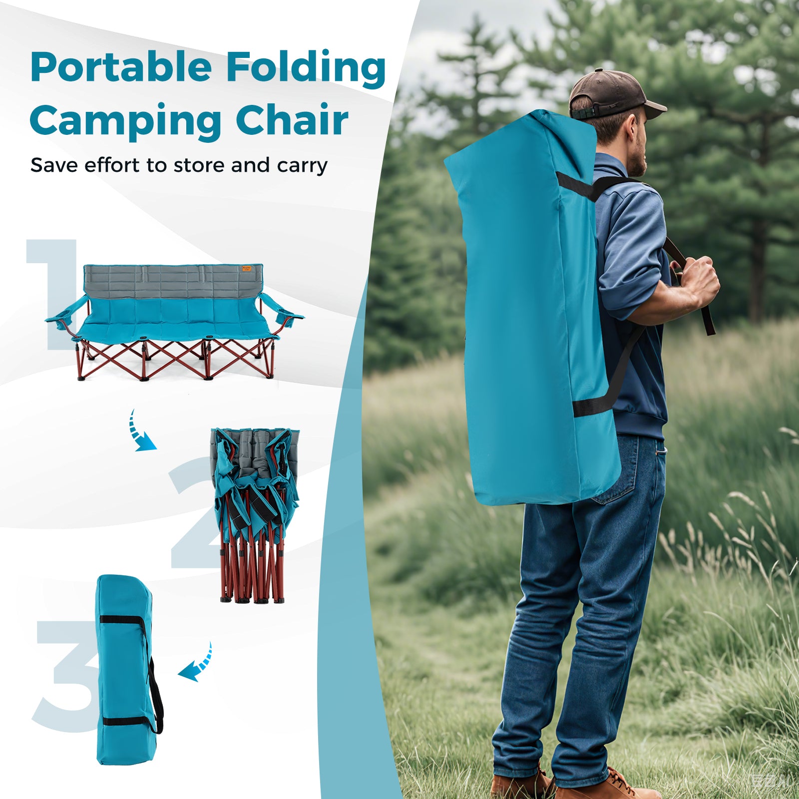 3 Person Folding Camping Chair with 2 Cup Holders Cotton Padding & Storage Bag, Blue Camping Furniture at Gallery Canada