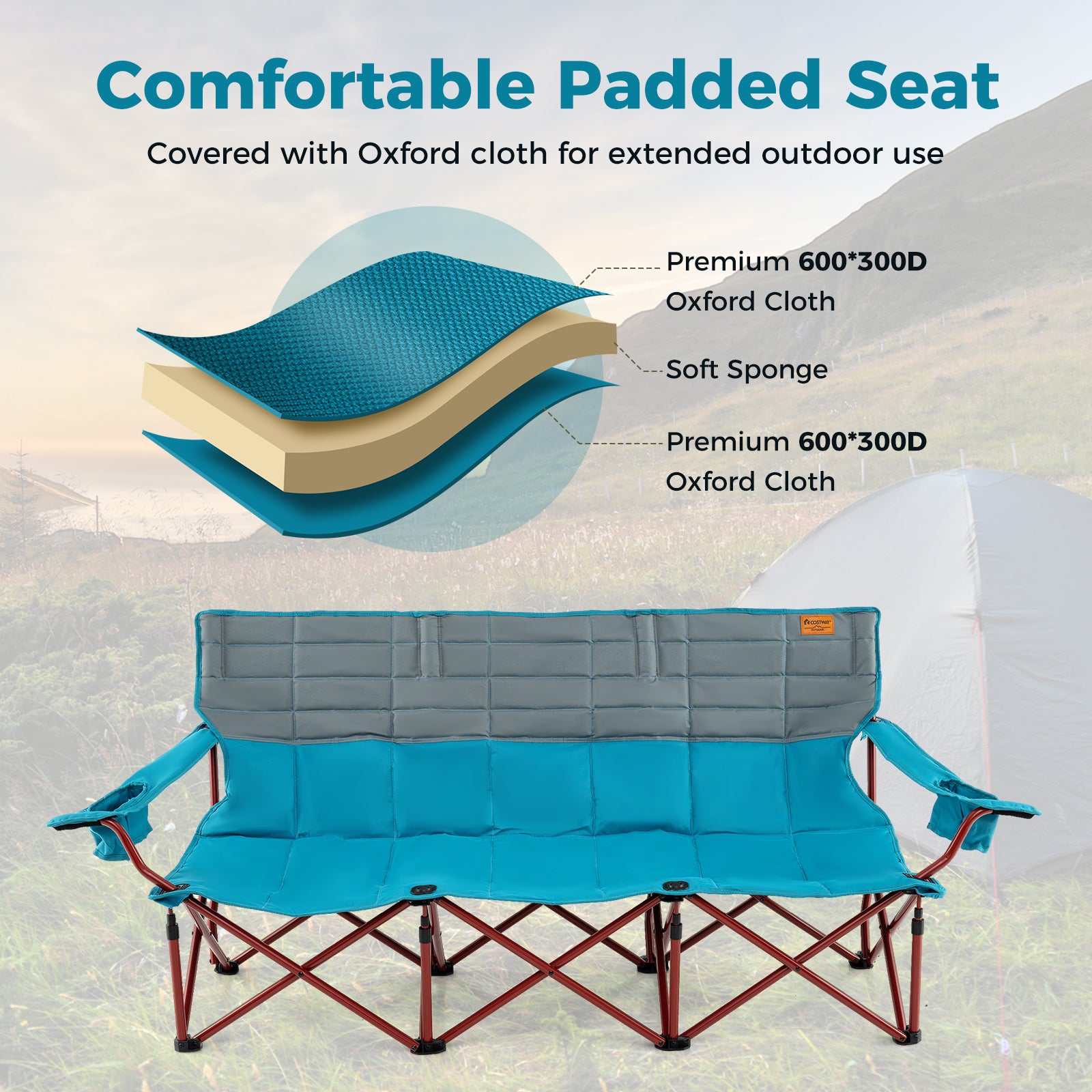 3 Person Folding Camping Chair with 2 Cup Holders Cotton Padding & Storage Bag, Blue Camping Furniture at Gallery Canada